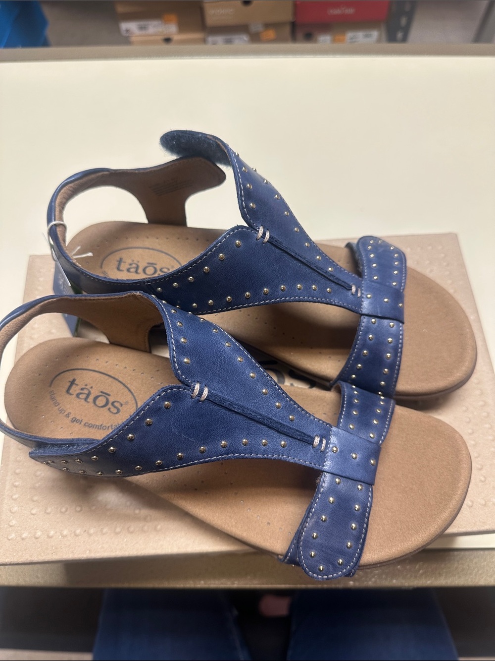 Taos Show Stopper Dark Blue Studded T-strap Slingback Sandals - Picture 3 of 9